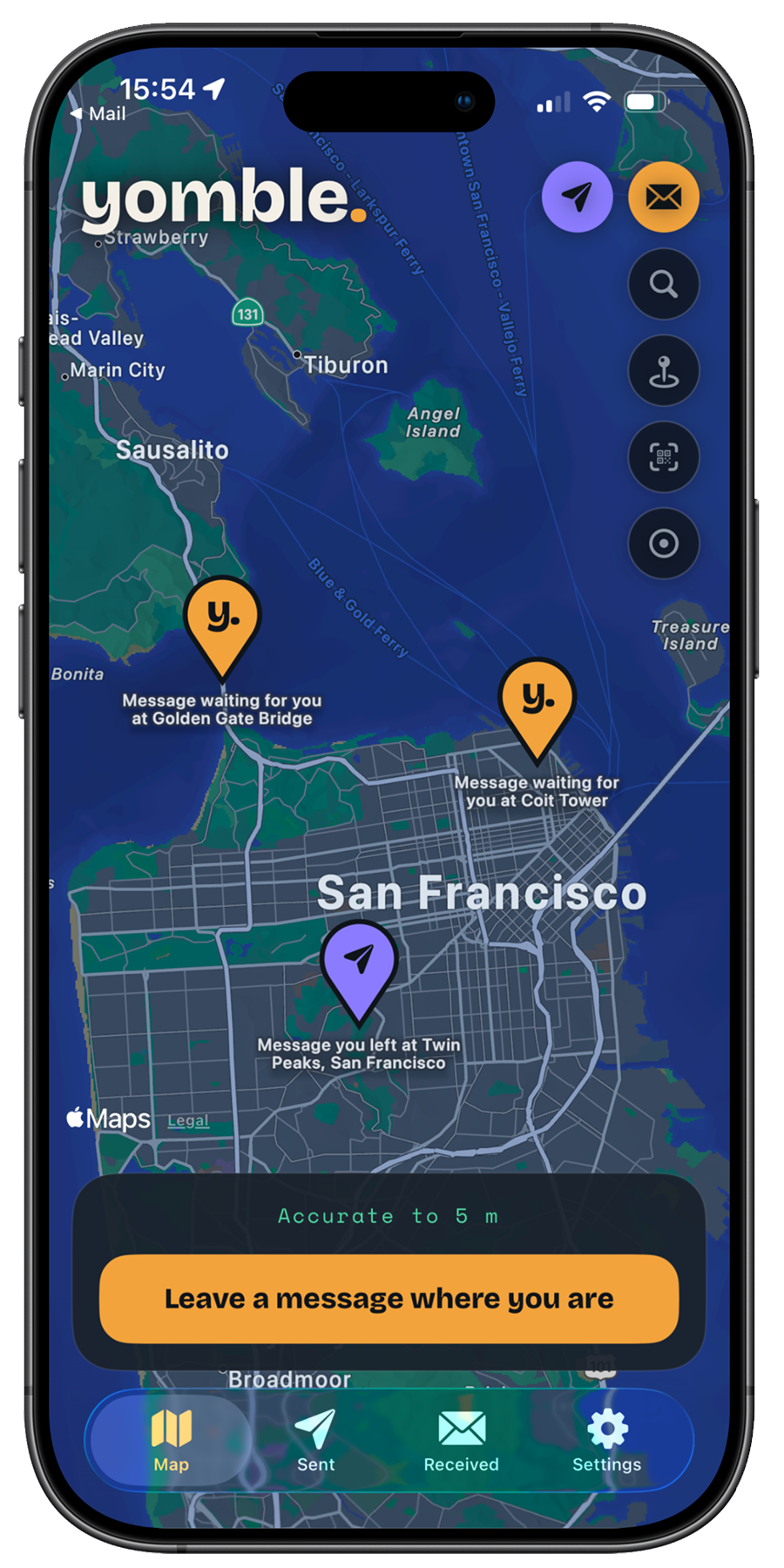 Yomble on an iPhone, showing a map with a hidden message