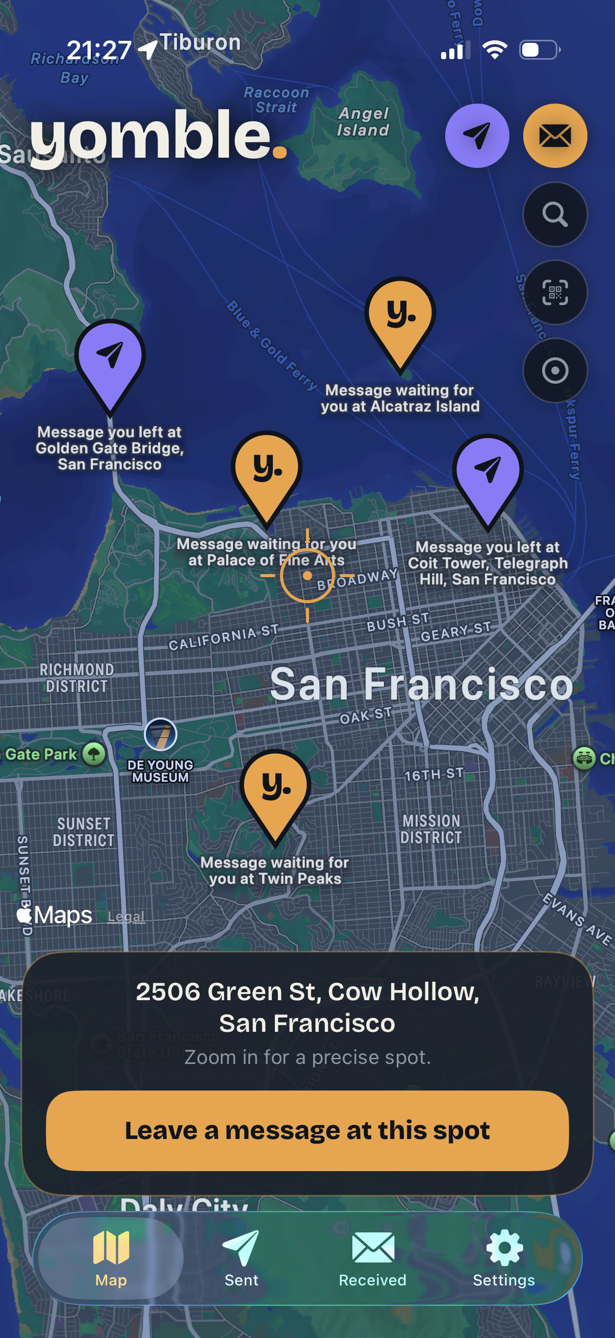 The map with several message markers around San Francisco